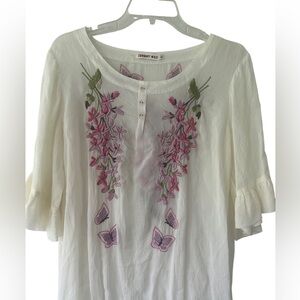 Johnny Was Butterfly Tunic Top Blouse white pink green embroidered Small boho